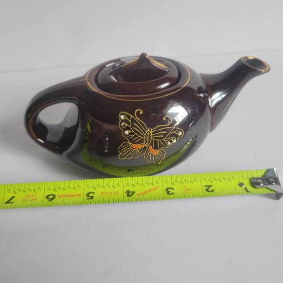 Vintage Brown Ceramic Teapot With Lid & Saucer Hand-Painted Floral & Butterfly D - Picture 11 of 11